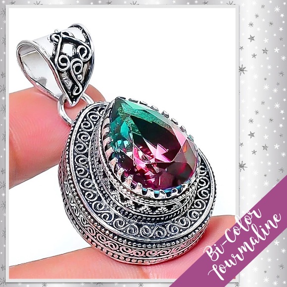 Bi-Color Tourmaline Ethnic Antique-Style Silver Pendant 1.77”(Plum/Purple/Green) - Picture 2 of 2